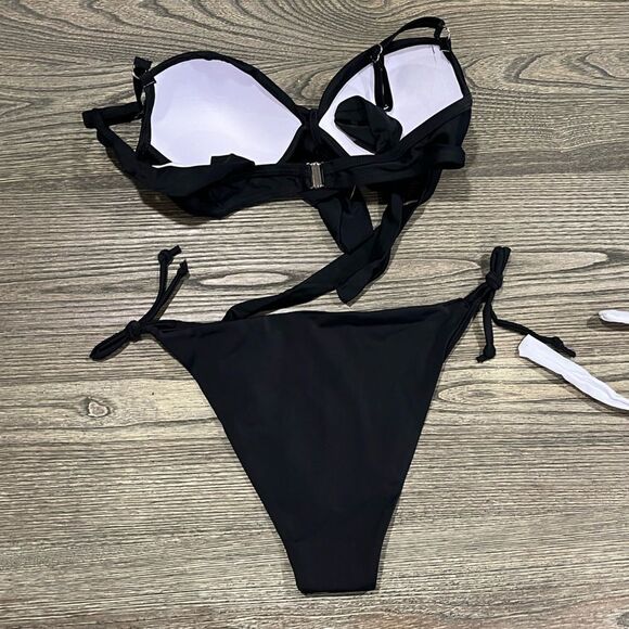 NWOT Jacques Designs Bathing Suit 2 Piece Bikini Padded Tie Bottom Black Medium - Picture 8 of 8